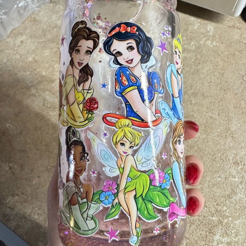Disney glitter cup new with lid and straw holder