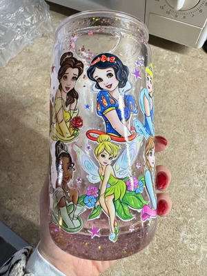Disney glitter cup new with lid and straw holder