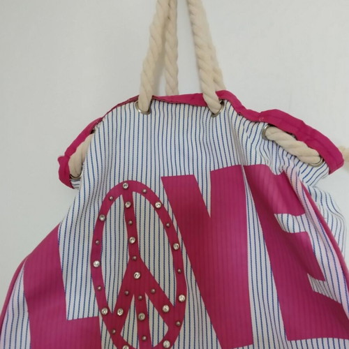 Lovie beach bag used, 100% cotton, white with blue stripes and pink letters