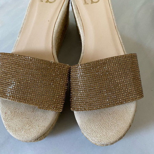 Gold slippers with straw platform and rhinestones like new