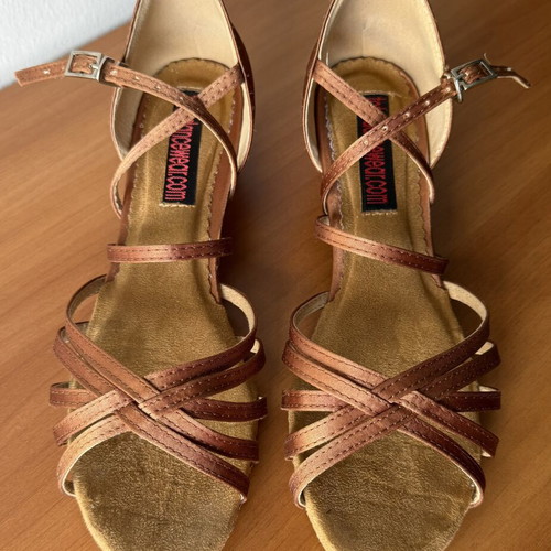 Latin dance shoes used, size 36, tan satin with adjustable strap