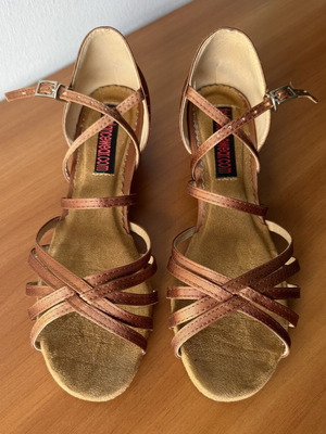 Latin dance shoes used, size 36, tan satin with adjustable strap