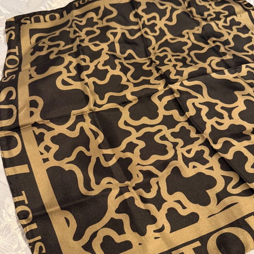 Tous scarf 100% silk like new, black with khaki 50x50cm