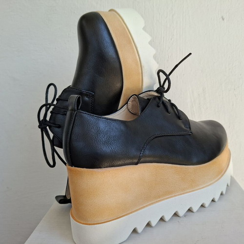 Lace-Up Platform Shoes New Black With Beige White Sole