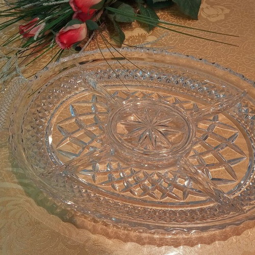 Oval crystal dish with compartments and lid for nuts and chocolates, new