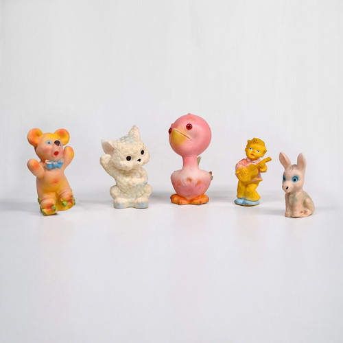Vintage Squeaky Toys Set of 5 used, 1970s rubber figures with sound