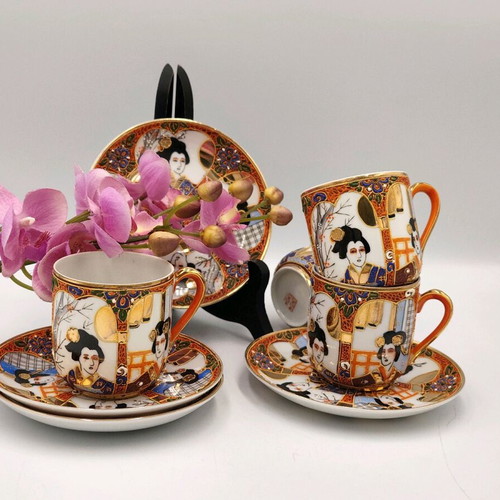 Satsuma Lithophane Geisha Japanese porcelain coffee set like new