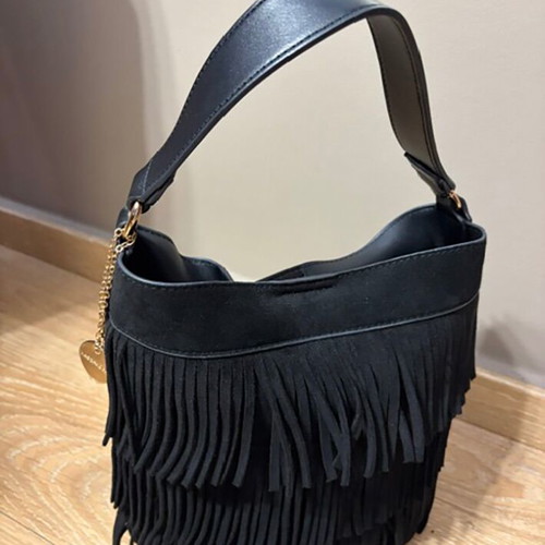 Kassandra & Co women's black suede fringe handbag new