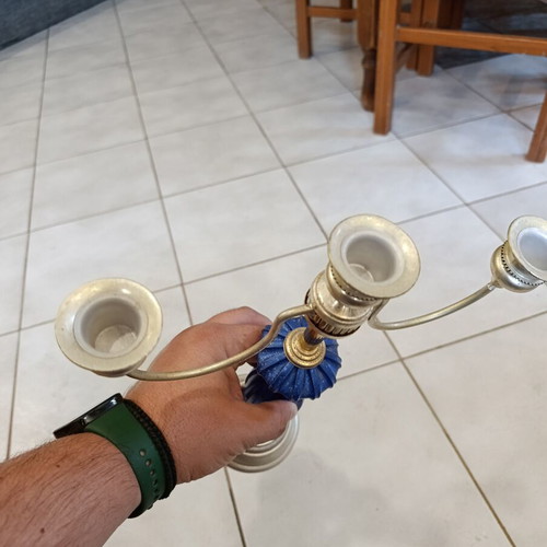 Vintage three-arm candlestick with blue detail
