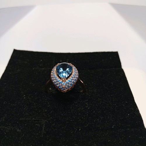 Silver 925 Ring Rose Gold Plated with London Blue Topaz Pear and 78 Blue Zircons new