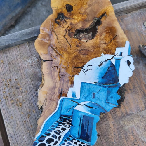 Wood artwork from olive root inspired by Santorini, new