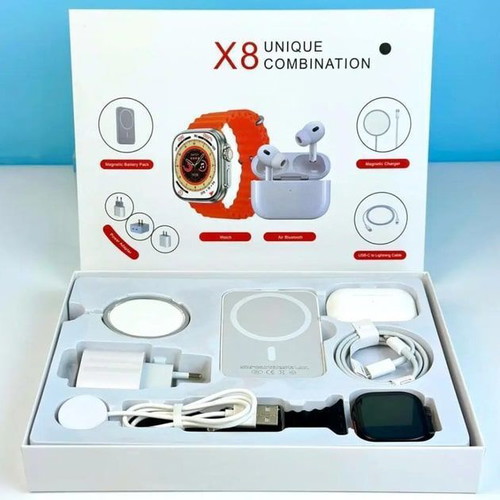 Smartwatch X8 49mm 2" with wireless earbuds, charger, cables, power bank