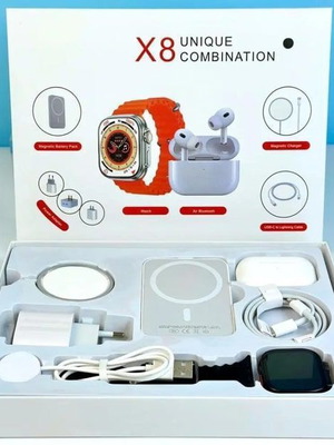 Smartwatch X8 49mm 2" with wireless earbuds, charger, cables, power bank