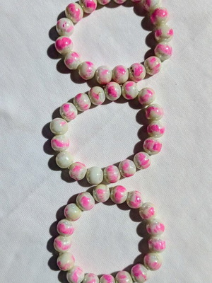 Set of 3 handmade bracelets with solid glass beads fuchsia and white, like new