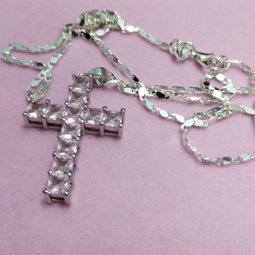 Silver chain with pink zircon cross new