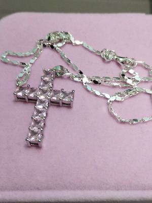 Silver chain with pink zircon cross new