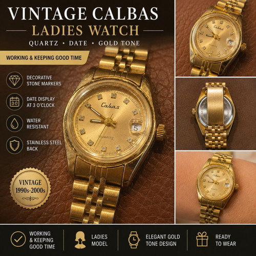 Calbas vintage ladies quartz watch, gold tone, date display
