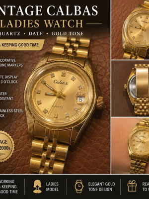 Calbas vintage ladies quartz watch, gold tone, date display