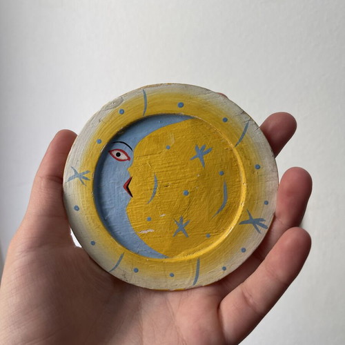 Vintage set of 7 wooden coasters Sun & Moon celestial boho decor