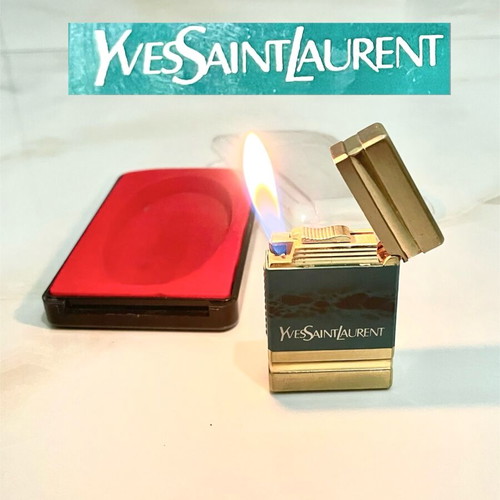 Yves Saint Laurent YSL vintage gold blue gas lighter with marbled finish and box used