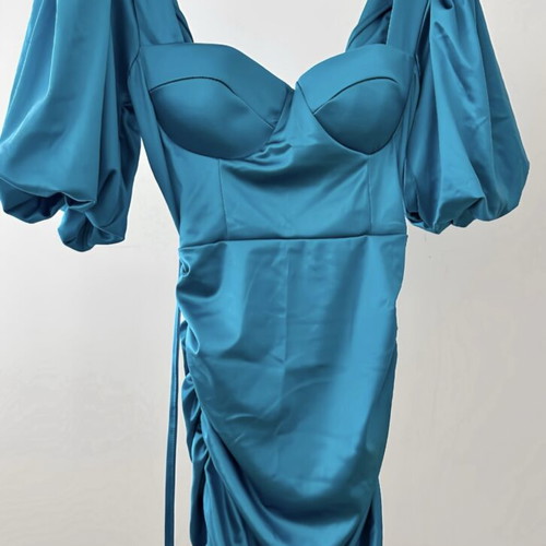 Dress short fitted with satin texture new, blue turquoise