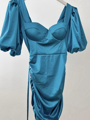 Dress short fitted with satin texture new, blue turquoise