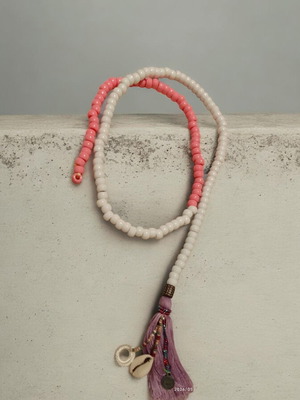Handmade necklace with two-tone plastic beads, shells and tassel