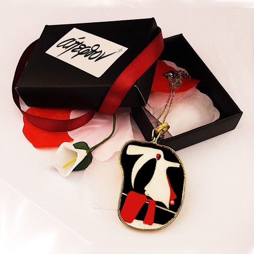 Joan Miro necklace made to order, gold-plated steel, cold porcelain