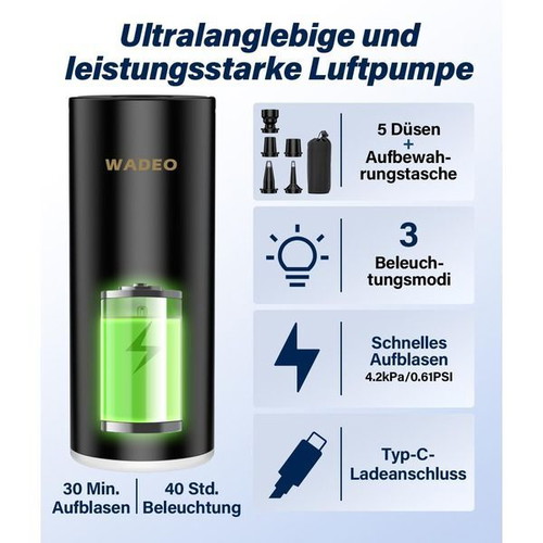WADEO portable electric pump 4000 mAh with LED and 5 nozzles