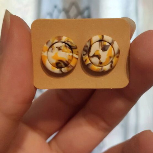 Earrings new polymer clay brown and yellow