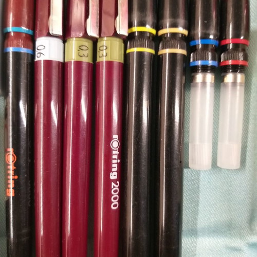Rotring isographs and rapidographs used, pack of 8 with ink and lubricant