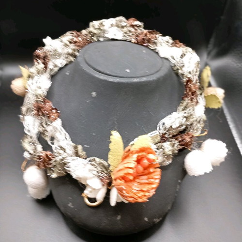 Handmade necklace with silk cocoons made to order, green and orange