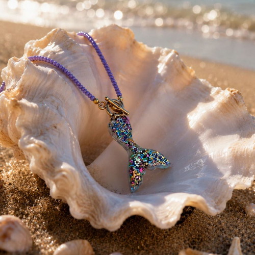 Handmade Necklace with Czech beads, steel clasp -T-, mermaid tail made of clay and zirconia