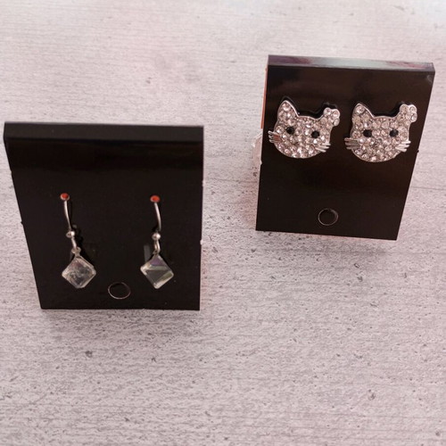 Earrings set with geometric drops and cat studs, new, silver