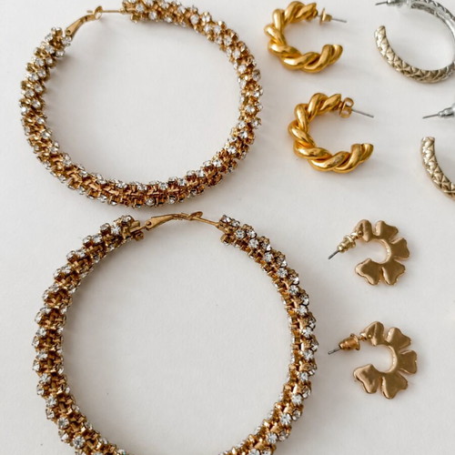 Mixed Earrings Lot used, 5 pairs in gold, silver and rose-gold tones