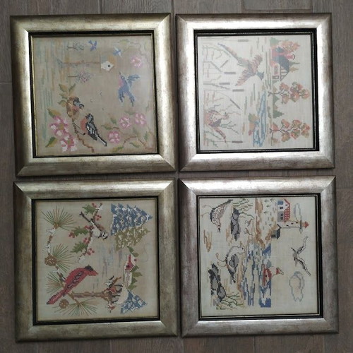 Set of 4 embroidered frames with the 4 seasons in wooden frame like new