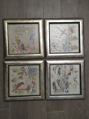 Set of 4 embroidered frames with the 4 seasons in wooden frame like new