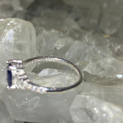 Handmade silver ring with natural blue sapphire and moissanites, size 17mm