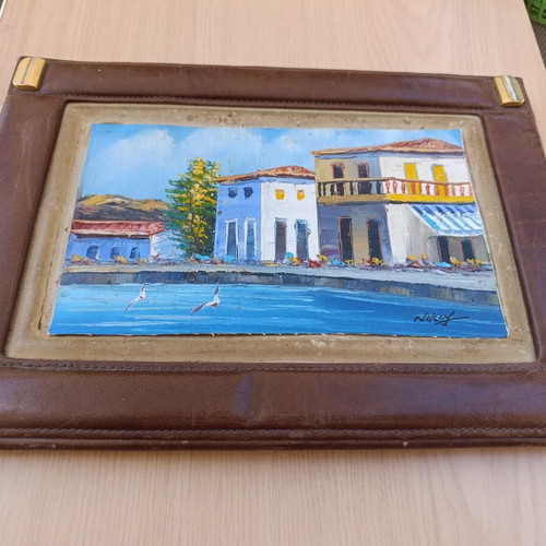 Handmade painting on canvas in leather tabletop frame, used