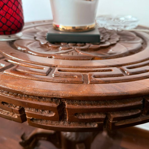 Handmade wooden coffee table with carved surface