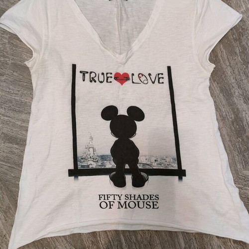 White true love T-shirt with Mickey Mouse, used, large
