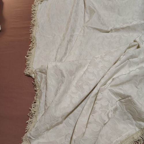 Damask jacquard tablecloth vintage, white 170x170cm with fringes, used