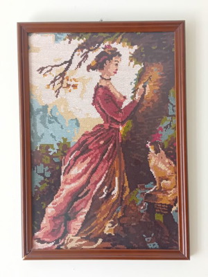 Vintage χειροποίητο κέντημα γκομπλέν με κορνίζα 27x38 εκ. μεταχειρισμένο