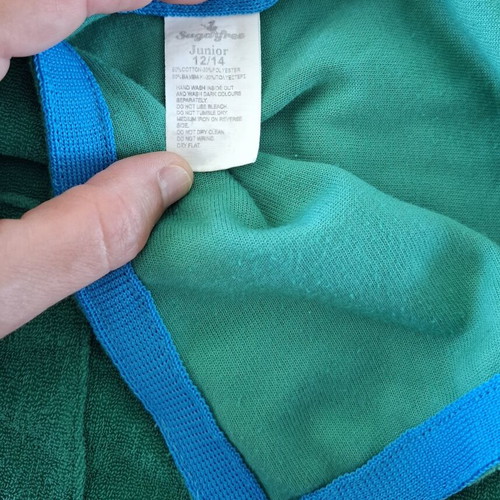 Sugarfree sleeveless terry top with hood like new, green and turquoise, size 12-14