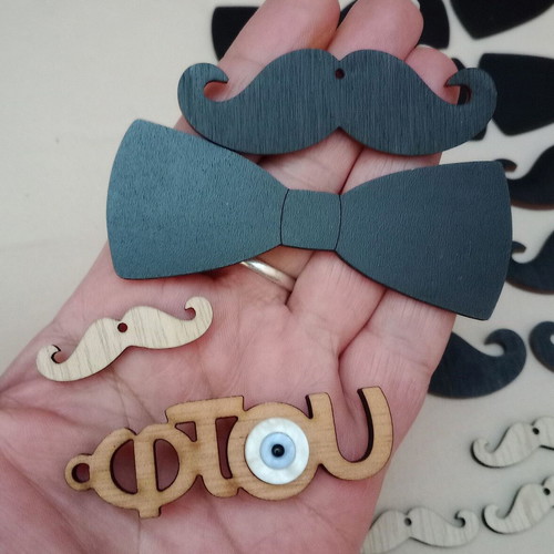 Wooden bow ties and mustaches set of 24, new