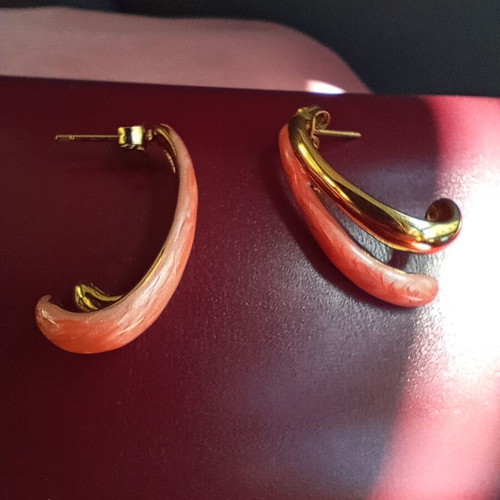 Women's earrings new, steel with coral and gold enamel