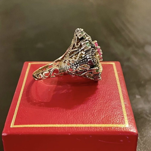 Silver-gold ring like new with emeralds and rose cut diamonds