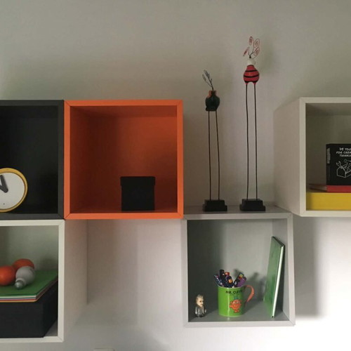 IKEA set of 5 wall-mounted cube shelves, white, anthracite, orange
