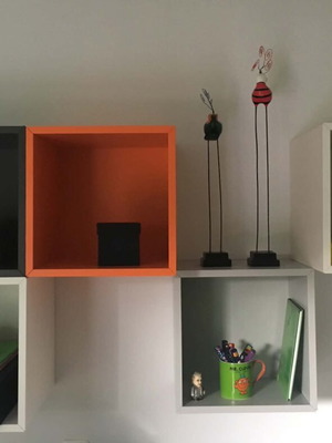 IKEA set of 5 wall-mounted cube shelves, white, anthracite, orange