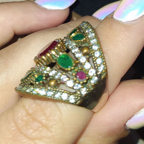 Ring decorated with rubies, emeralds and zirconia, size 7
